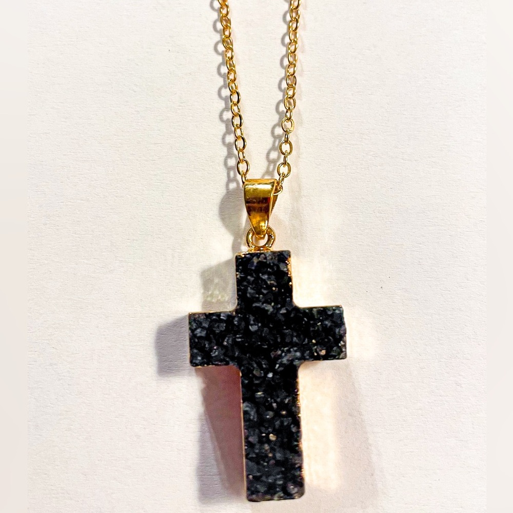 Black Druzy Cross Pendant Necklace